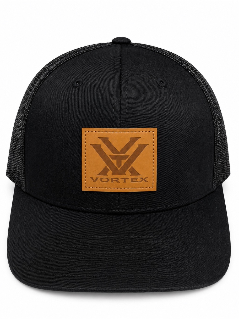 Vortex Black Trucker Hat with Tan Leather Patch